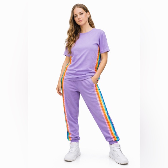 Lola & The Boys Lavender Rainbow Sequin Set 💜✨ Tee + Joggers NWT - Picture 2 of 7